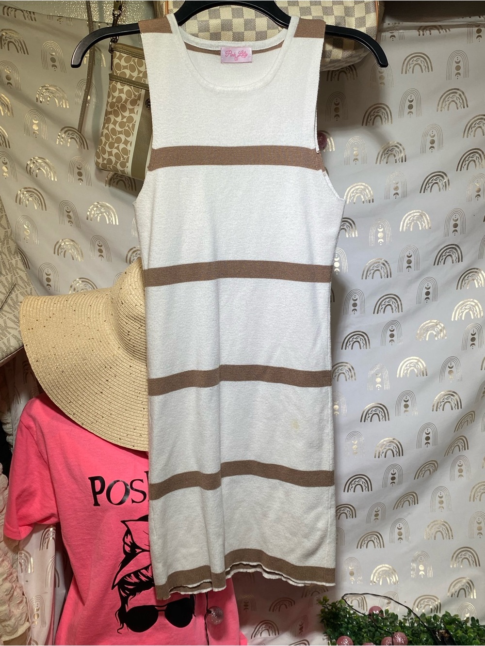 Pink Lily cream and brown stripe midi dress